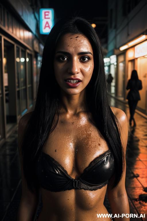 woman, fully nude, black splatter, leaning back, city street, alley, future world, dramatic lighting, neon, night, wet, puddles, dirty, trash, wires - #main