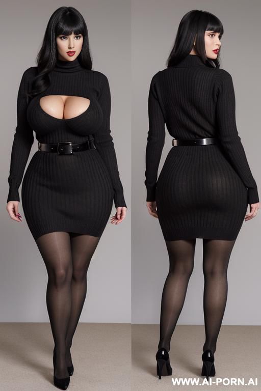 red long sleeve sweater dress, black stockings, narrow waist, black waist belt, casual - #main