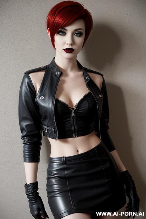 goth, red hair, pixie hair cut, black lipstick, fishnets, fingerless gloves, pencil skirt - #main