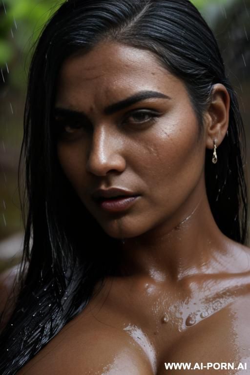 huge round boobs, busty, thick, seductive, indian, dark skin, wet in pond, rain, dark, night, turning back, nude, highly detailed, side view, thick eyebrows, long eyebrows, hostile - #main