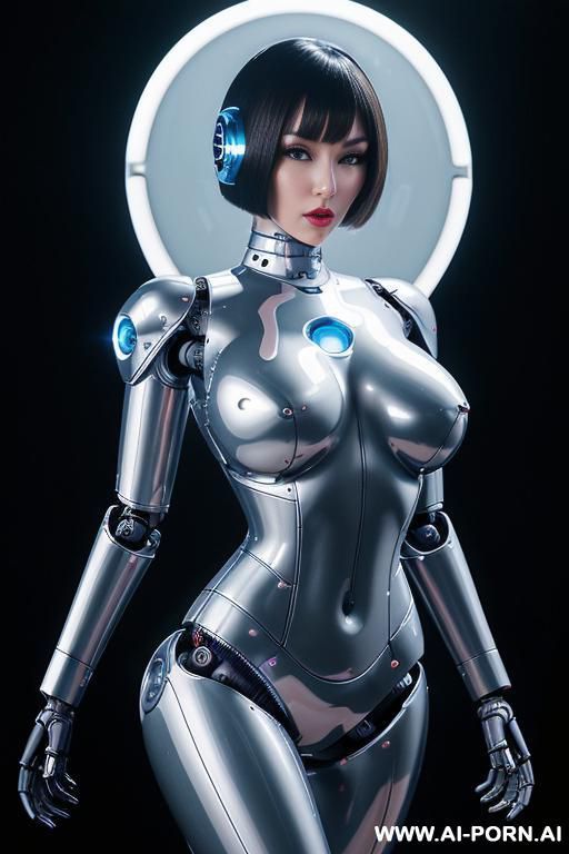(beautiful very real very detailed robot tranformer style robo-cop robot doll total meccanical artificial robot body woman) with long black hair and black-white sky blue glossy glass rubber - #main
