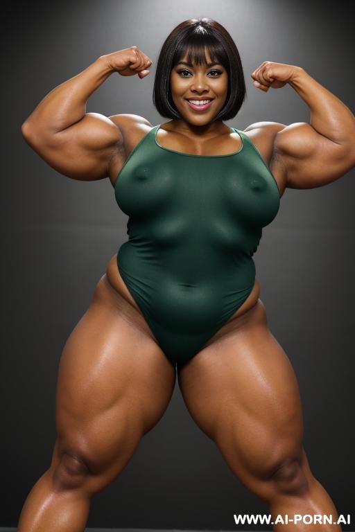 (full body view), (muscles), large bright eyes, bodybuilder pose, pallid black skin, eye contact, thick thighs - #main
