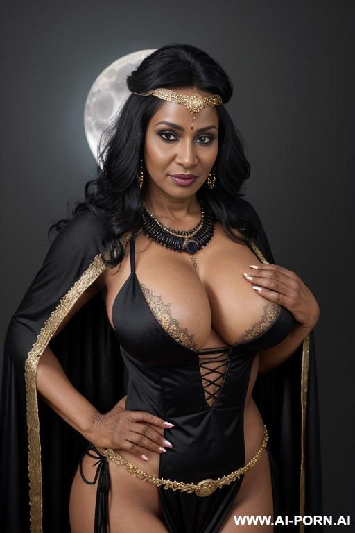 (bold mature pakistani mommy), (seductive eye contact), looking at viewer, (lustful face), (full voluminous hair), (necklaces), , (((perfect round breasts))), noir skin, (((dark black skin))), magical outfit,, wearing magical cape, headband, - #main