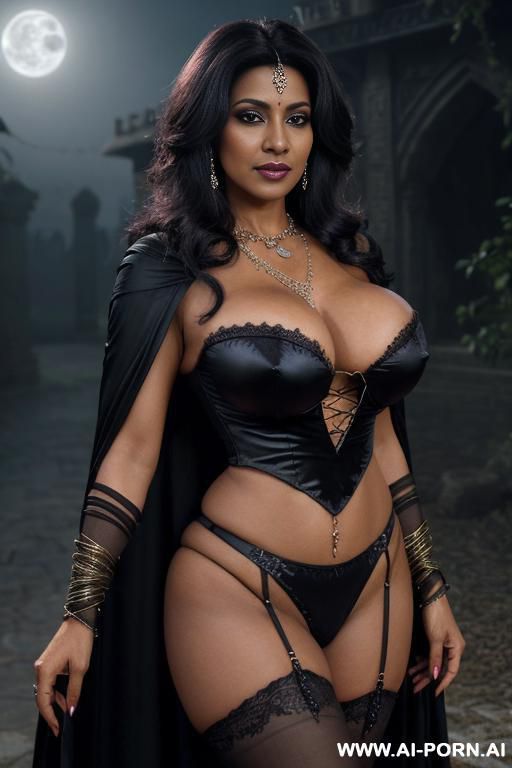 (bold mature pakistani mommy), (seductive eye contact), looking at viewer, (lustful face), (full voluminous hair), (necklaces), , (((perfect round breasts))), noir skin, (((dark black skin))), magical outfit,, wearing magical cape, - #main