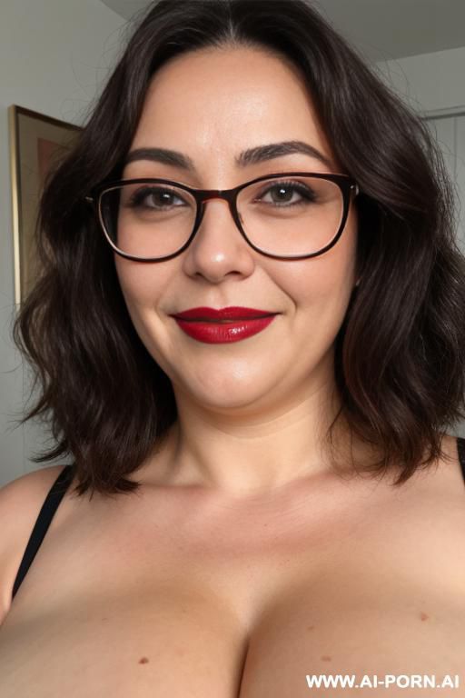 glasses, lipstick, veins on breasts, lactating, full body, more chubby face, right breast slightly bigger than left breast, show full chest, add s - #main