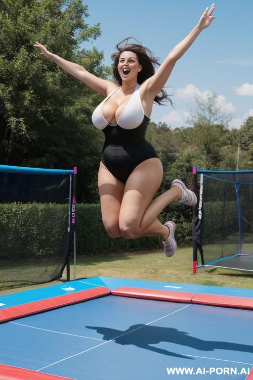 jumping female, saggy oversized long tits in motion, jump, trampoline - #main