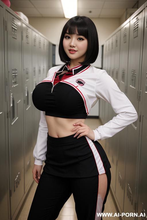 (huge massive gigantic boobs) with (massive ass), (cheerleader uniform) with (pants), (pretty), (japanese), (standing up), (full body), (realistic), (20 years old), (bobcut) with (black hair), (locker room), (full view) - #main
