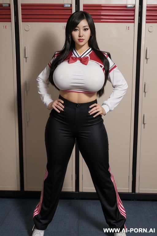 (huge massive gigantic boobs) with (massive ass), (cheerleader uniform) with (pants), (pretty), (japanese), (standing up), (full body), (realistic), (20 years old), (pixie) with (black hair), (locker room), (full view) - #main