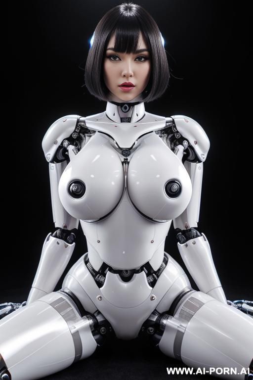 (beautiful very realistic very detailed very sensual shemale robot tranformer style robo-cop robot doll total meccanical artificial robot body woman) with long black hair and black-white glossy glass - #main