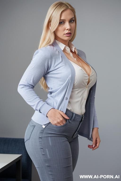 blonde swedish, pink collared shirt, blue jeans, saggy knockers, gray cardigan, big ass, hourglass body, curvy, lateral view - #main