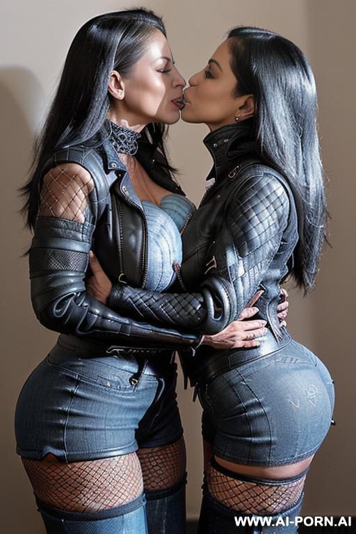 ((((two latina milfs kissing))) (((((gigantic tits))))) ((makeup)) , (((tight black leather jacket))) (((tight jean hotpants))) (((boots))) ((((big ass)))) (((fishnet stockings))) - #main