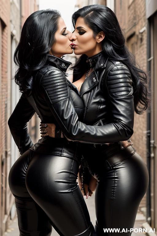 ((((two persian milf bikers kissing the same man))) (((((gigantic tits))))) ((makeup)) , (((tight black leather jacket))) (((tight black leather pants))) (((boots))) ((((big ass)))) (((((two women with one man))))) - #main