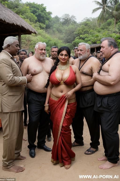 milf, sexy sari, outdoors village, cleavage, multiple old men around, surrounded by fat old men, shirtless men, dark-skinned men, imminent gangbang - #main