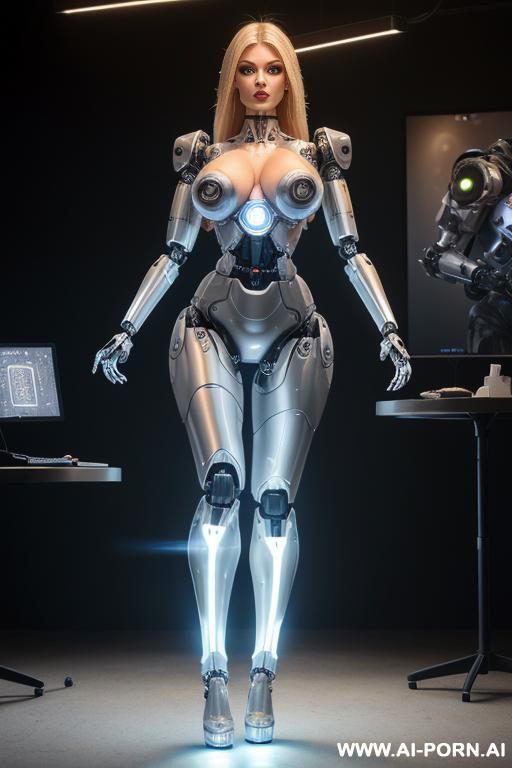damaged robot, front view, full body view, standing in office, looking at viewer, beautiful angry human face with tanned silicone skin, shouting, long straight blonde hair, big lips, wide jaw, - #main