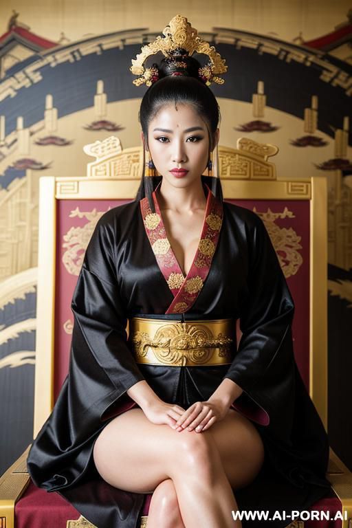 empress of china, full empress robe, sitting on golden throne in big palace, her iq is ultra-high, very smart, amused, big ancient painting of countryside is behind her - #main