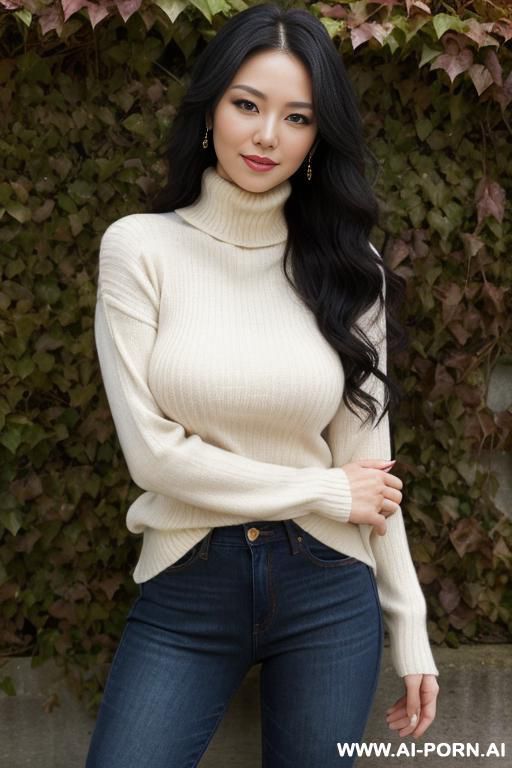 pretty, japanese, caucasian, 30, flowing wavy hair, black hair, natural boobs, slight smile, makeup, eye shw, standing, spreading legs, turtleneck sweater, jeans, walled garden background. - #main