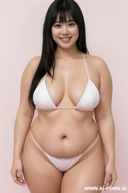 staring at me, black straight hair, bangs, happy smile, naked, chubby, (flabby belly), thick thighs, white string micro bikini swimwear, standing, a photo studio with only a pastel pink background - #main