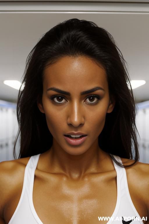 close up, extremely tanned track runner, changing clothes in locker room, clothes pulled over head, surprised expression - #main