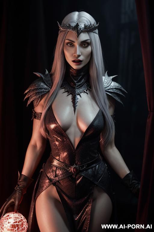 (dark sorceress), looking at viewer, (eye contact), ((topless)), arrogant posture, detailed face, (cruel looking face), ultra realistic, terrible eyes, (agressive shaded makeup), highly detailed skin, - #main