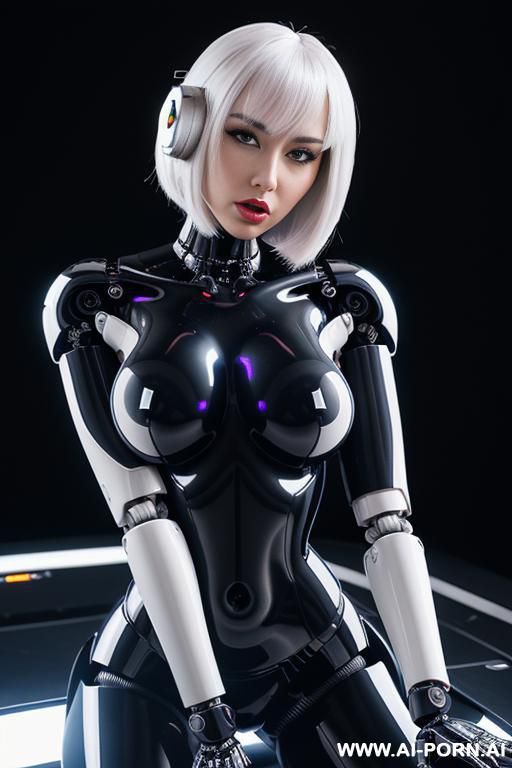 (beautiful realistic very detailed very sensual male with penis ,realistic robot tranformer style robo-cop robot doll total meccanical artificial robot body woman) with long black hair and black-white - #main