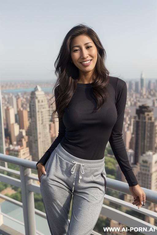 (((dichen lachman)), (( long sleeve crew neck shirt, jogger pants)), (balcony), , ((smiling at the camera)), photorealistic, punjabi dark complexion, (ultra detailed photo), (hyper realistic photo), - #main