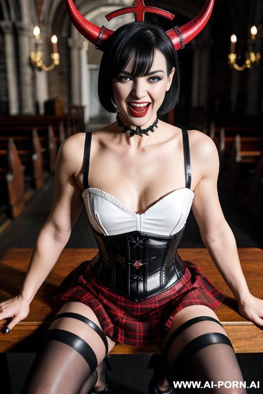 satanic whore, red plaid skirt, white cotton leggings, black leather platform pumps, leather corset, red devil horns, squatting on a table, latex cross in the background - #main