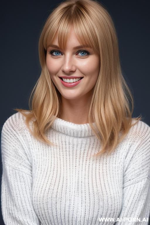 dutch blonde, side bangs, dark blue eyes, white woolen sweater, big natural tits, aged down - #main