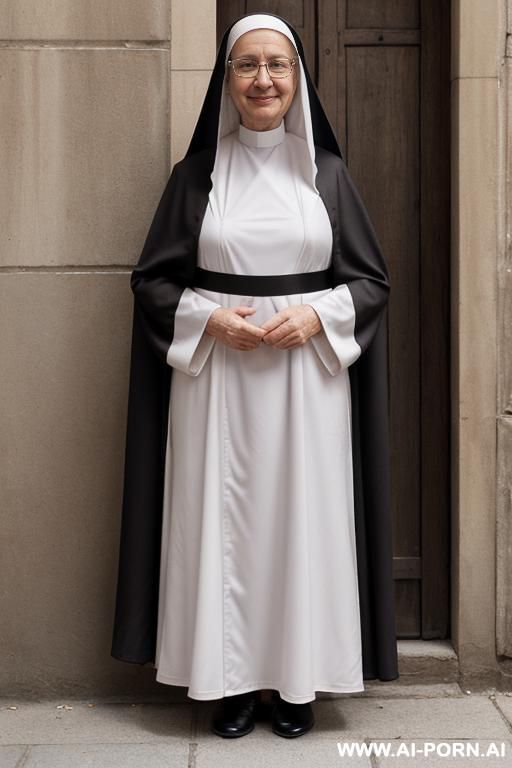 ((((two mature nun)))), ((realistic sexy happy face)), (((naked nun under open habit, nude under habit, she show her nude body under habit, very hairy pussy))), ((frontal view)), (behind her is the backdrop of italian), ((grey habit, short habit)) - #main