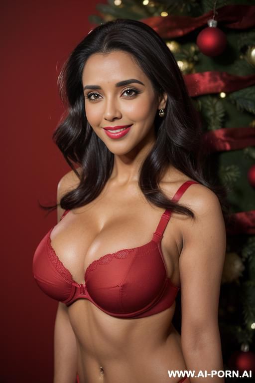 (((asin))), ((matte red spandex push up bra bikini )), ((christmas)), ((christmas tree)), (big full lips), ((smiling at the camera)), photorealistic, indian, (ultra detailed photo), (hyper realistic - #main