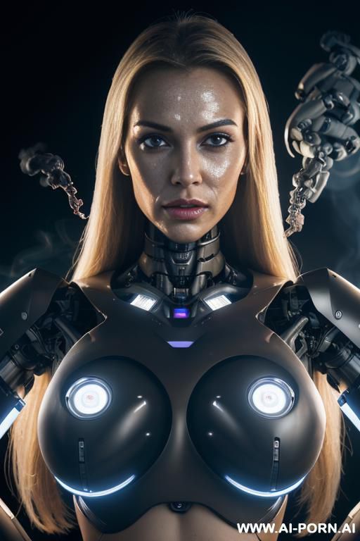 damaged robot, front view, close-up, sitting in armchair in spaceship, looking at viewer, beautiful angry human face with tanned silicone skin, long straight blonde hair, big lips, wide jaw, heavy - #main