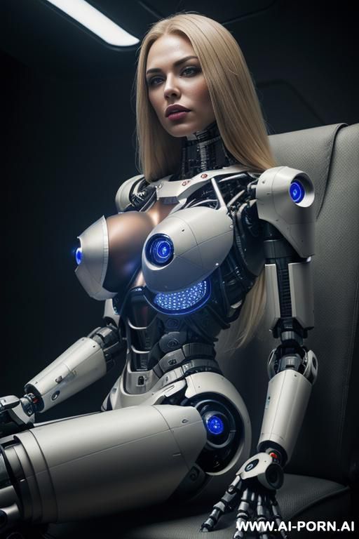 damaged robot, front view, close-up, sitting in armchair in spaceship, looking at viewer, beautiful angry human face with tanned silicone skin, long straight blonde hair, big lips, wide jaw, heavy - #main