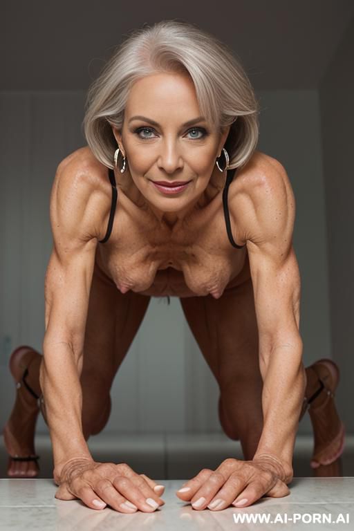 ((very old mature milf)), ((ugly very old lady)) (completely naked) (no clothes) (sexy standing pose, eye contact) (((narrow hips:1.3))) (((tighs))), ((( figure))) , (((shows shaved pussy))) (show - #main