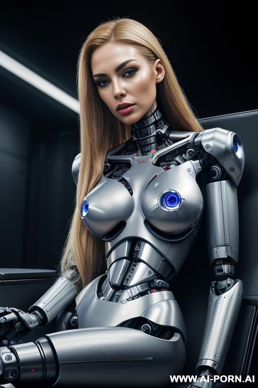 damaged robot, front view, close-up, sitting in armchair in spaceship, looking at viewer, beautiful angry human face with tanned silicone skin, long straight blonde hair, big lips, wide jaw, heavy - #main