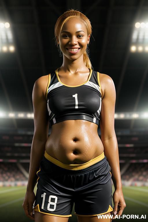 woman facing camera, soccer player, in kit, ebony skin, busty, braless, protruding nipples, heavily pregnant, 1 - #main