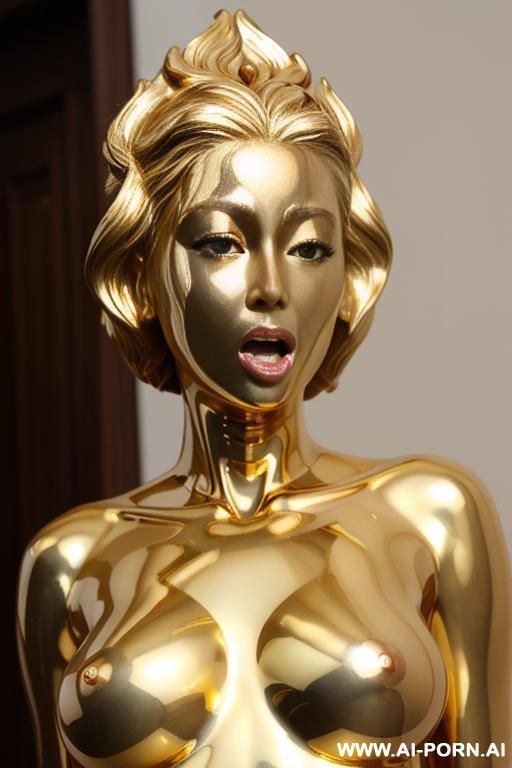 hands on tits, naked, golden skin, solid gold skin, shiny gold skin, confused expression, open mouth, naked, statue, golden statue, transformed into gold, nsfw, anime, sexy - #main