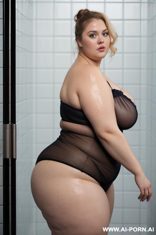 transparent see through nightie, side view, venitian blonde, looking surprised, very fat bbw, huge ass, huge belly fat arms, big areolas, wet nightie, under shower, water on face - #main