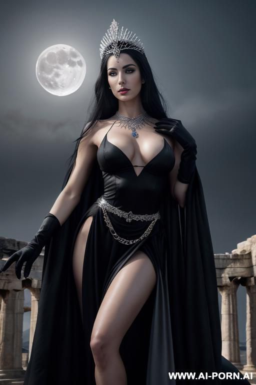 (topless), (goddess of night), arrogant pose, (eye contact), looking at viewer, front view, arrogant face, cold face expression, haze goddess, ultra realistic, (shaded make-up), slender shaded body, - #main