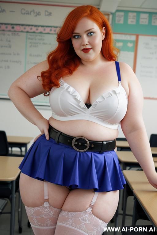 half body photo shot close up, about at classroom, chubby ((obese but so hot)) redhead fat bbw curvy teacher, wearing a sexy and hot micro colorfull ruffle skirt, and stocking lingeries, sports top. teaching to the classroom. ((dynamic angle)) - #main