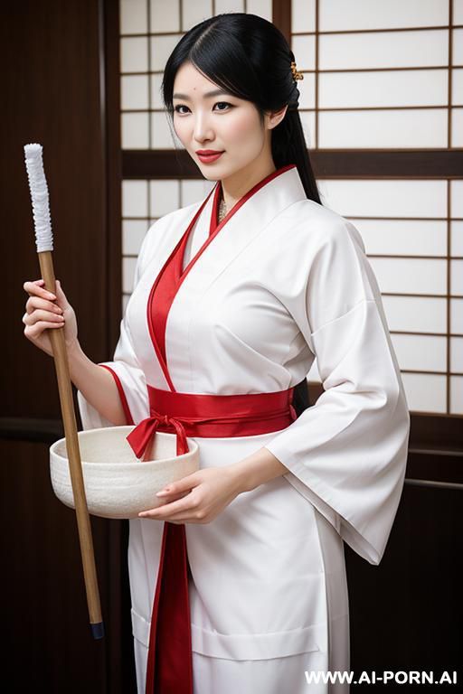 a oracle is cleaning temple, white and red traditional clothes - #main
