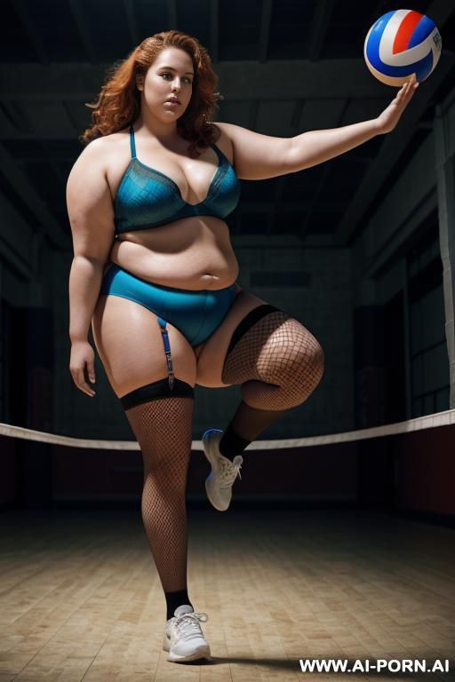 half body photo shot close up. about at classroom. a ((british obese)) redhead, thick with love handless and tummy. wearing a sexy and hot ((full fishnet)) lingerie. (((dynamic angle walking))) - #main