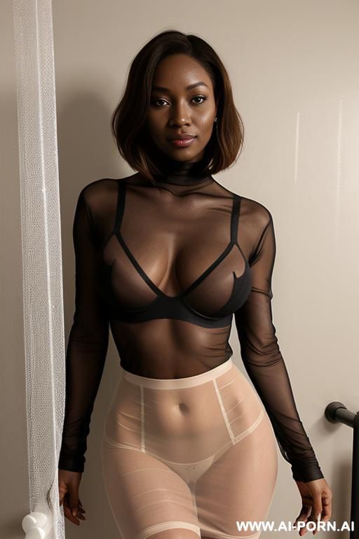 woman has a very dark complexion, slender arms, very slender chest, hard swollen nipples, extremely large bubble butt and thighs, muscular legs, tight cream turtleneck, cream-colored nylon pantyhose, - #main