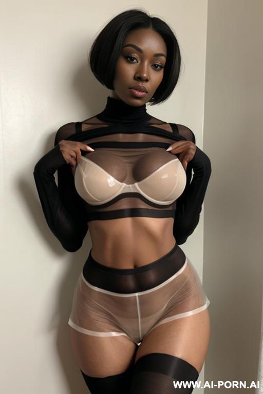 (((woman has a very dark complexion, slender arms, very slender chest, hypomastia, extremely large bubble butt and thighs, muscular legs, tight cream turtleneck, cream-colored nylon pantyhose, - #main
