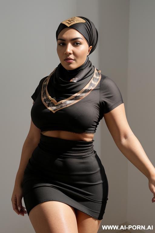 arabic milf, (((((black arabic head scarf))))), brown skin, (((very wide hips))), extremely wide hips, dark brown nipples, (((exposed boobs))), nude, big hard brown nipples with big areolas. black skirt, selfie - #main