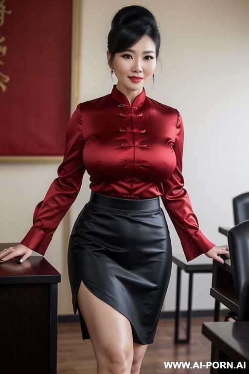 gigantic boobs chinese milf is wearing black skirt and red satin full long-sleeve buttoned shirt, detailed face, seductive smirk, walking in class - #main