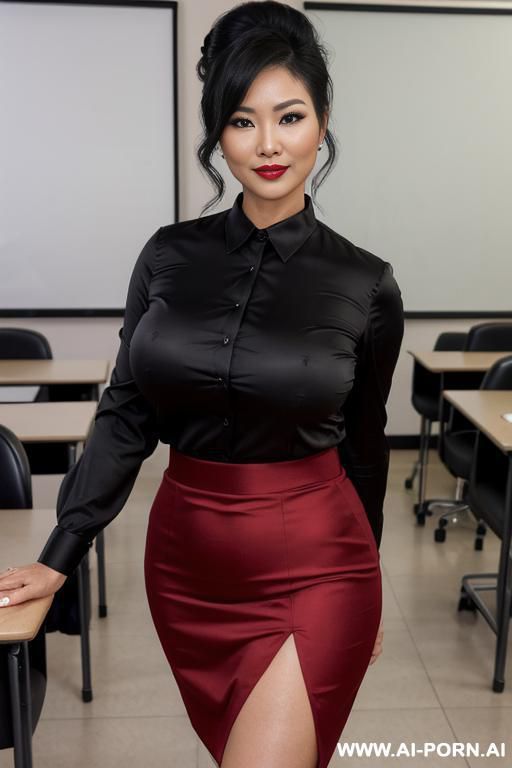 gigantic boobs asian milf is wearing black skirt and red satin full long-sleeve buttoned shirt, detailed face, seductive smirk, walking in class - #main