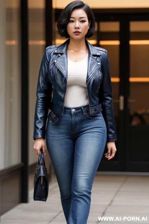 short hair, big tits, wide hips, thick thighs, big ass, asian, blue jeans, leather jacket - #main