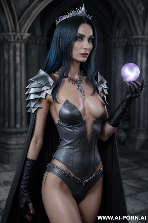 ((topless)), dominant pose, (eye contact), looking at viewer, arrogant look, cruel woman, cruel face, ultra realistic, (agressive make-up), slender body, (((sharp breasts))), ash-gray skin, (((dark - #main