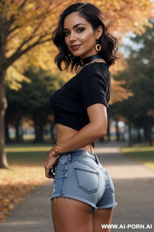 (fit latina babe), ((tapered lithe thick body)), perfect face, (natural saggy low hanging medium sized boobs), (micro-sized areolas), seductive wicked smile, alluring, eye contact, mascara, (big greek - #main