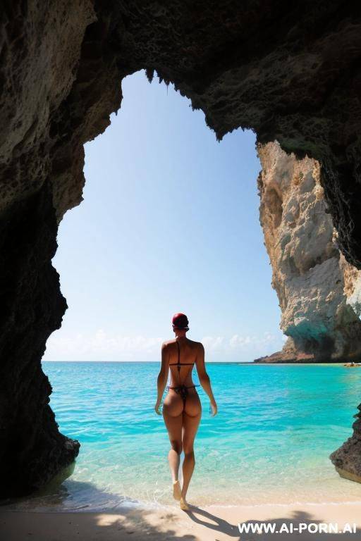 on a pirate beach. inside the cave. dive into the water.view from back. swimming woman diving - #main