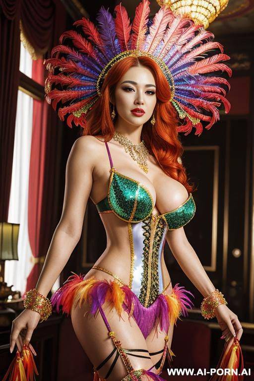 chinese, rainbow feather studed bright diamond transparent corset，feather tutu skirt， mesh robe， rainbow sequin red bra ,necklace，rainbow large pointed thigh-high boots - #main